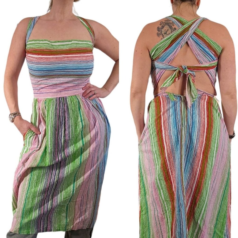 70s Seersucker Thin Cotton Wrap Dress Small Midi Blue Pink Green Rainbow Ties